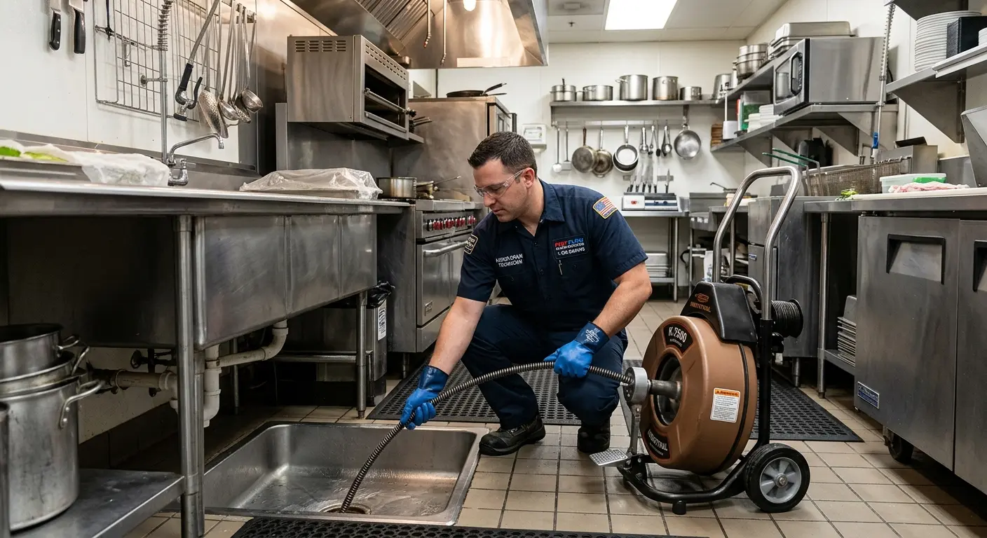 Commercial drain cleaning service in a restaurant kitchen in Williams