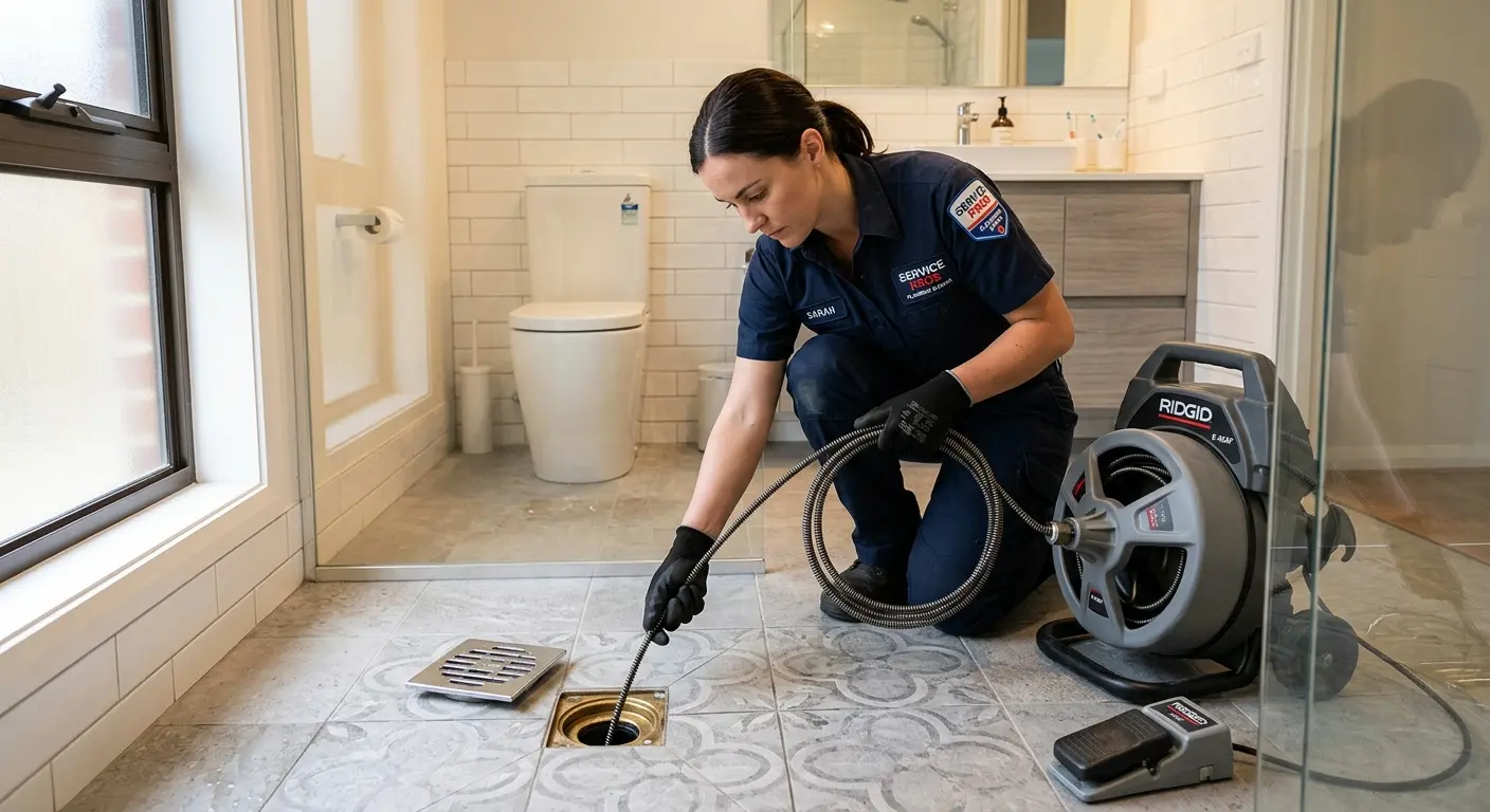 Technician clearing a bathroom floor drain for Clogged Drain Repair in Williams